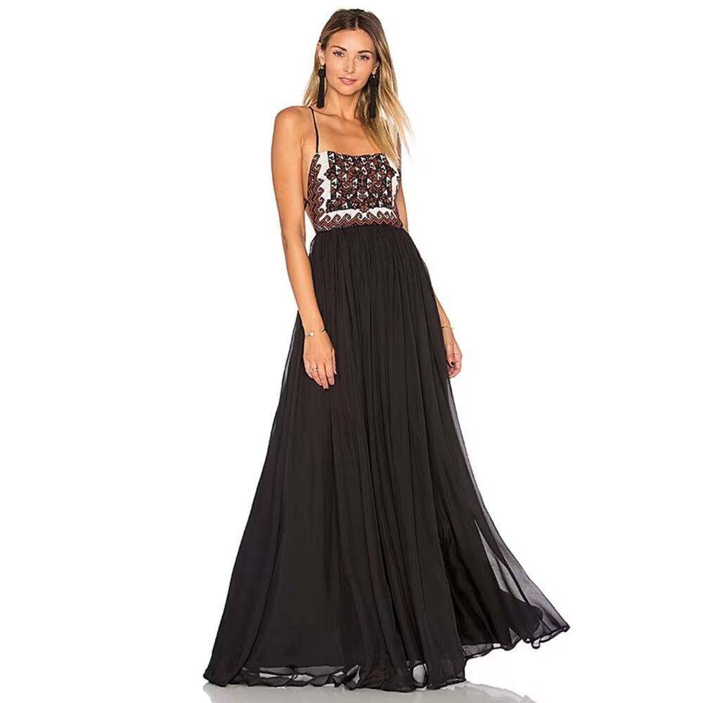 Mara Hoffman Embellished Hand Beaded Open Back Silk Maxi Dress Gown Black Size 6